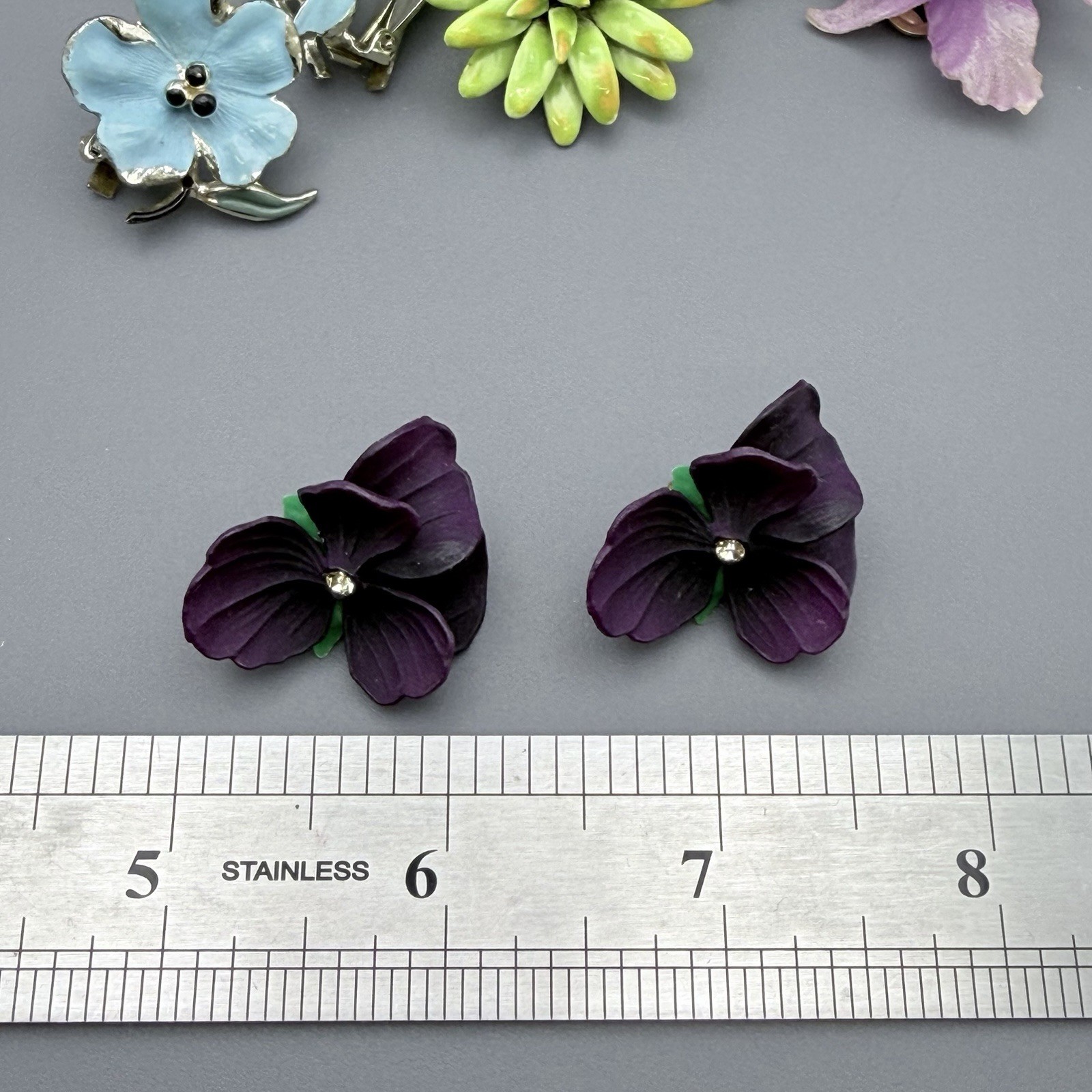Vintage Flower Clip On Earrings Floral Lot Of 8 Orchid Pansies Tulip Multi Color