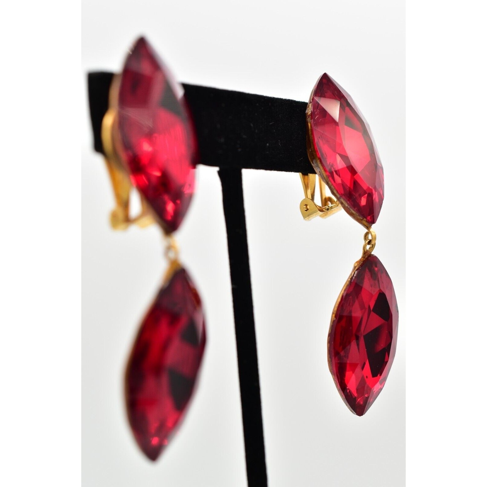 Vintage Red Crystal Clip On Earrings Drop Dangle Chunky Sparkling 1980s BinBK