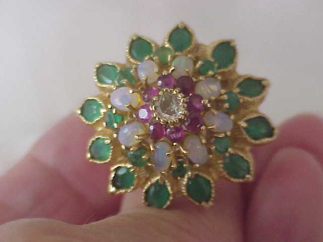 VINTAGE EUROPEAN DIAMOND-EMERALD-RUBY & OPAL STARBRUST RING SZ 5 1/2 RARE FIND