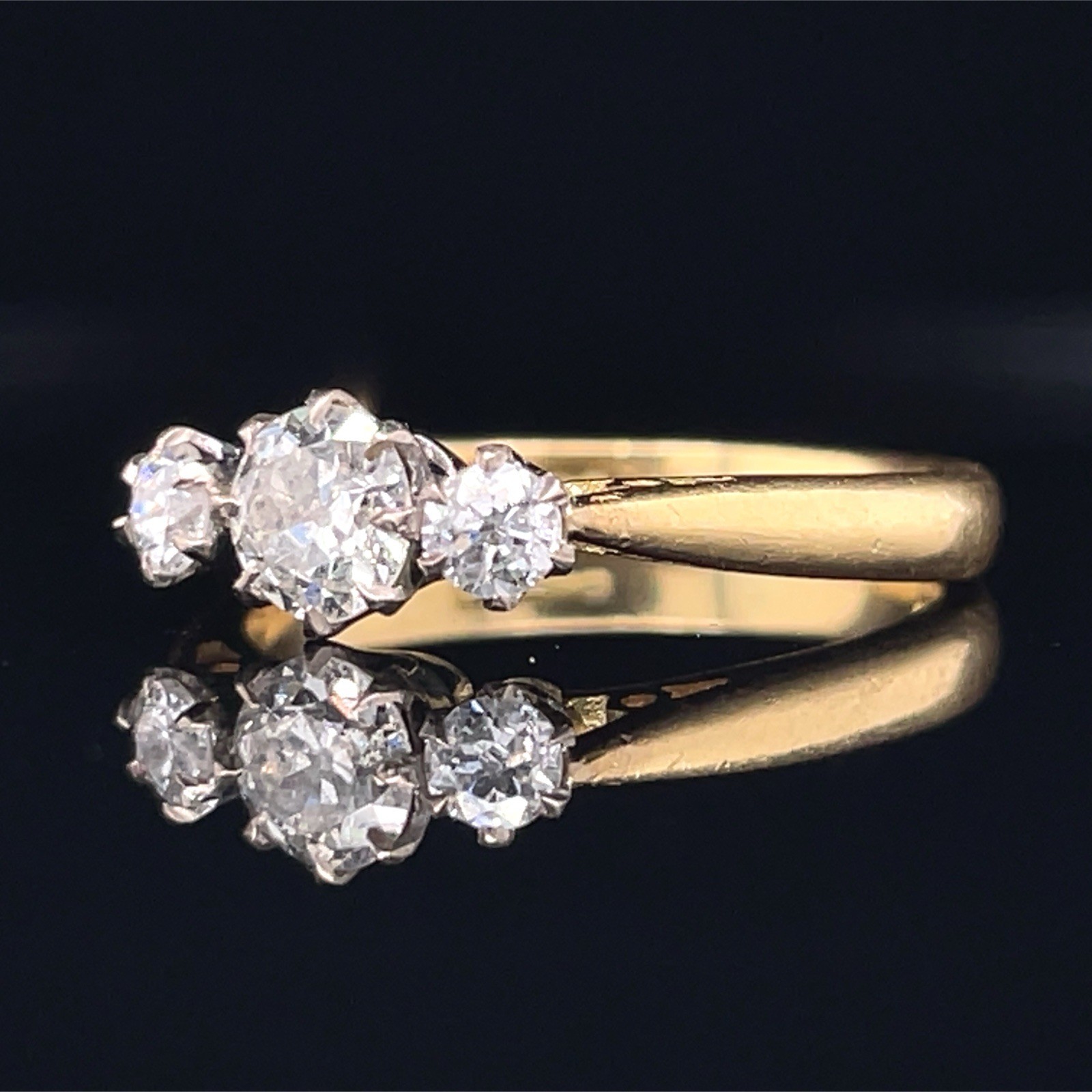 Vintage 3 Stone Old European Cut Diamond Ring 18K Gold English