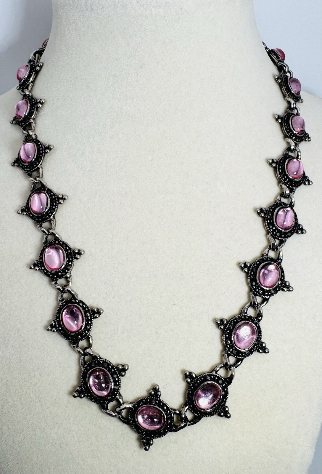 Vintage Silver Beaded & Marcasite Collar Necklace, Bezel Set With Pink Cabochons