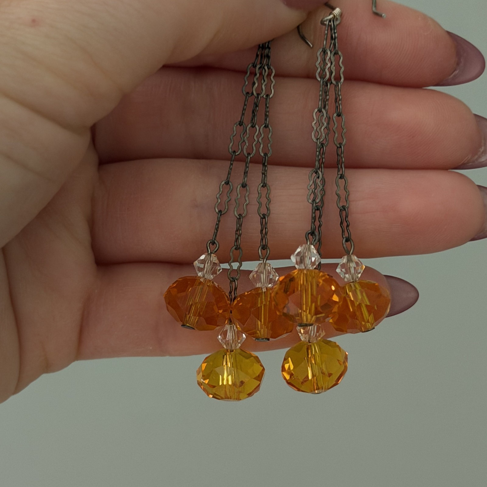 Vintage 925 Sterling Silver Antique Orange Crystal Chandelier Dangle Earrings