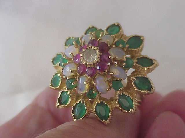 VINTAGE EUROPEAN DIAMOND-EMERALD-RUBY & OPAL STARBRUST RING SZ 5 1/2 RARE FIND