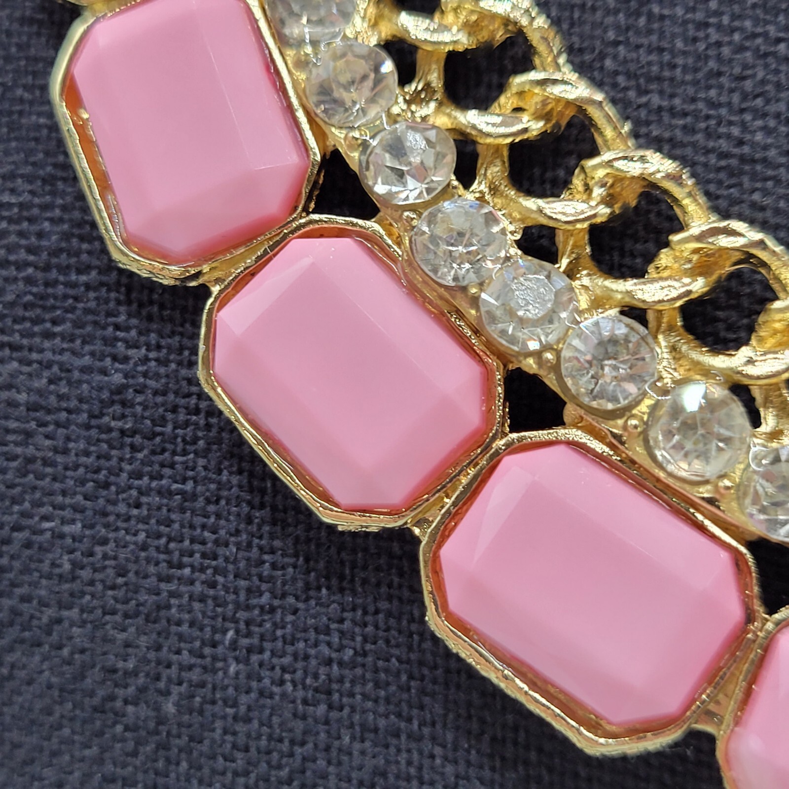 Fancy Rhinestone & Pink Acrylic with Milkglass Style Vintage Gold Tone Necklace