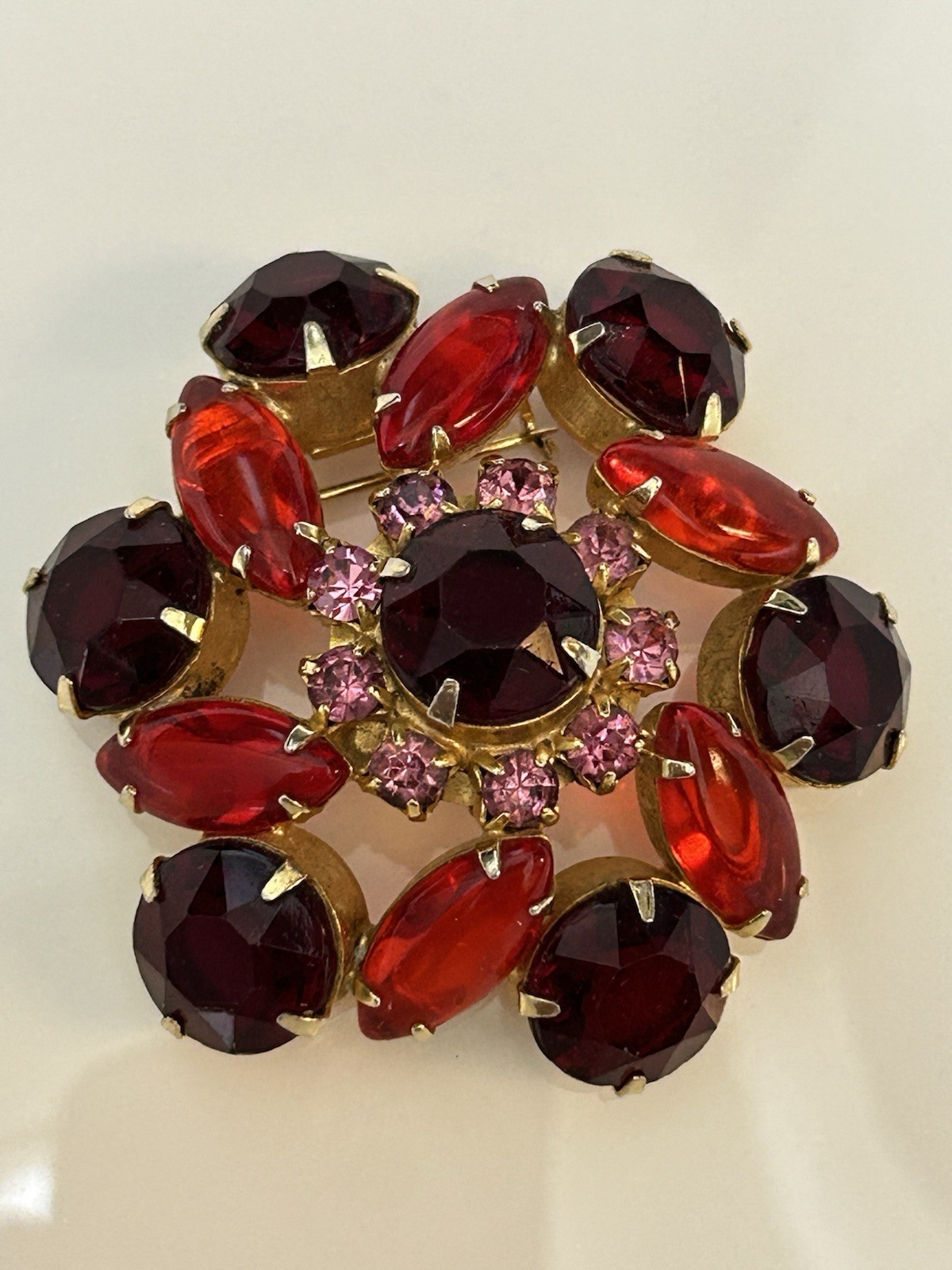 Large Vintage Red & Pink Fuchsia Cluster Rhinestone Flower Dome Gold Tone Brooch