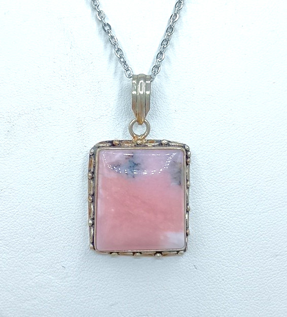 Vintage Rhodochrosite Stone Pendant Necklace Pink Square Silver Tone Chain 17″