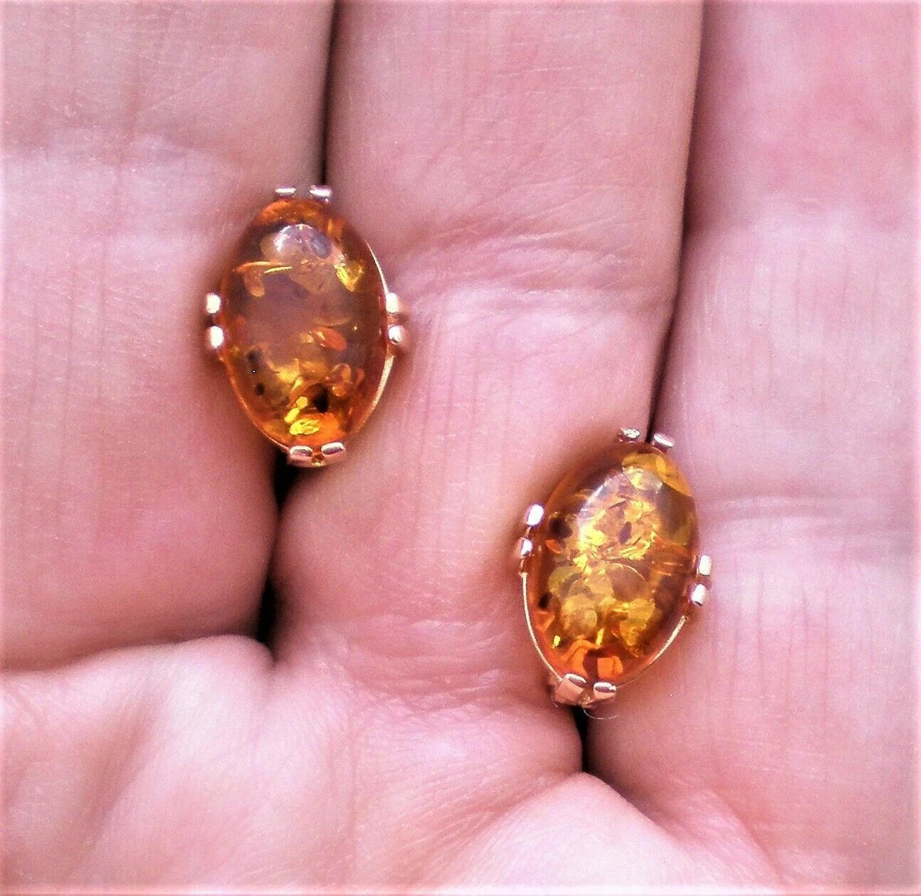 East European Solid 14K 585 Rose Pink Gold Baltic Honey Amber Pierced Earrings