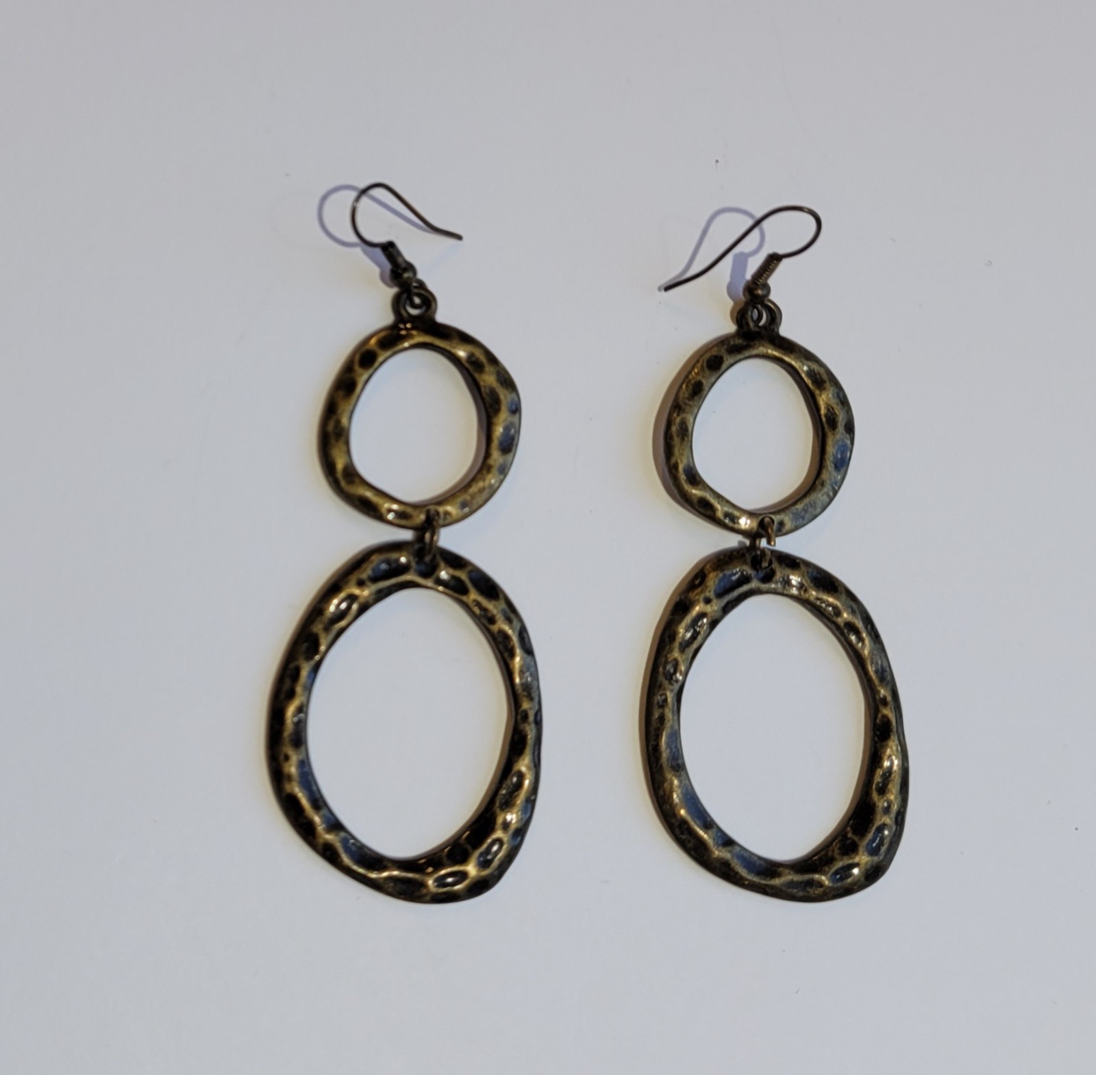 Antiqued Brass Hammered Texture Double Hoops Dangle Pierced Earrings Vintage