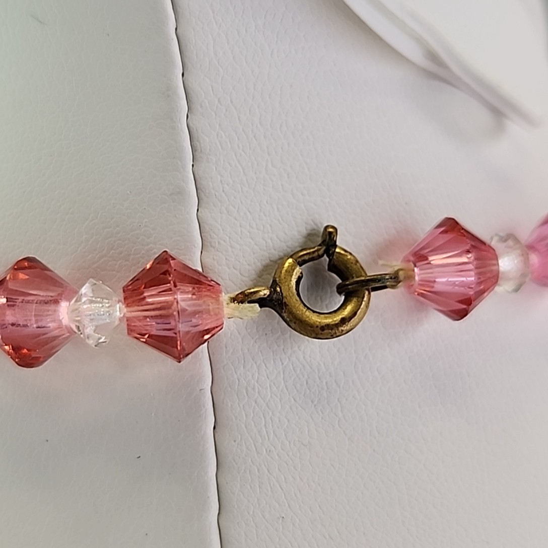 Vintage Glass Beaded Necklace Pink Bicone Graduated Short Choker 14″