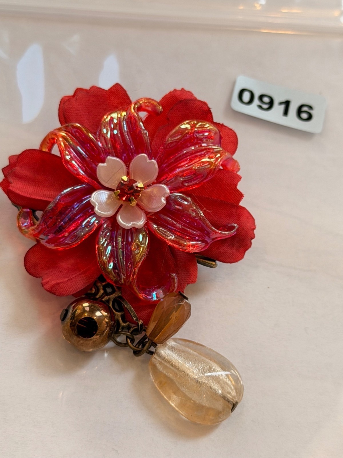 Red Floral Brooch With Crystal Beads & Metal Backing Vintage-Inspired Jewelry Ac