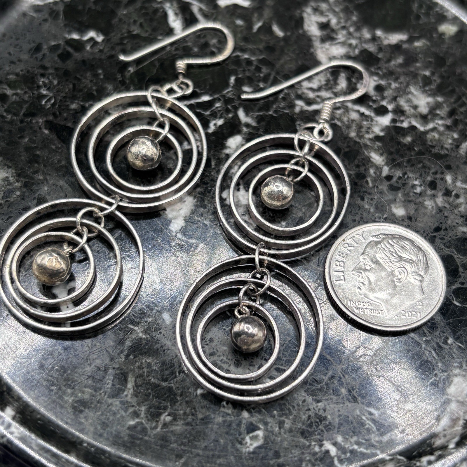 Two-Tiered 3 Concentric Circle’s 925 Silver Earrings Center Bead “Navajo Pearl”