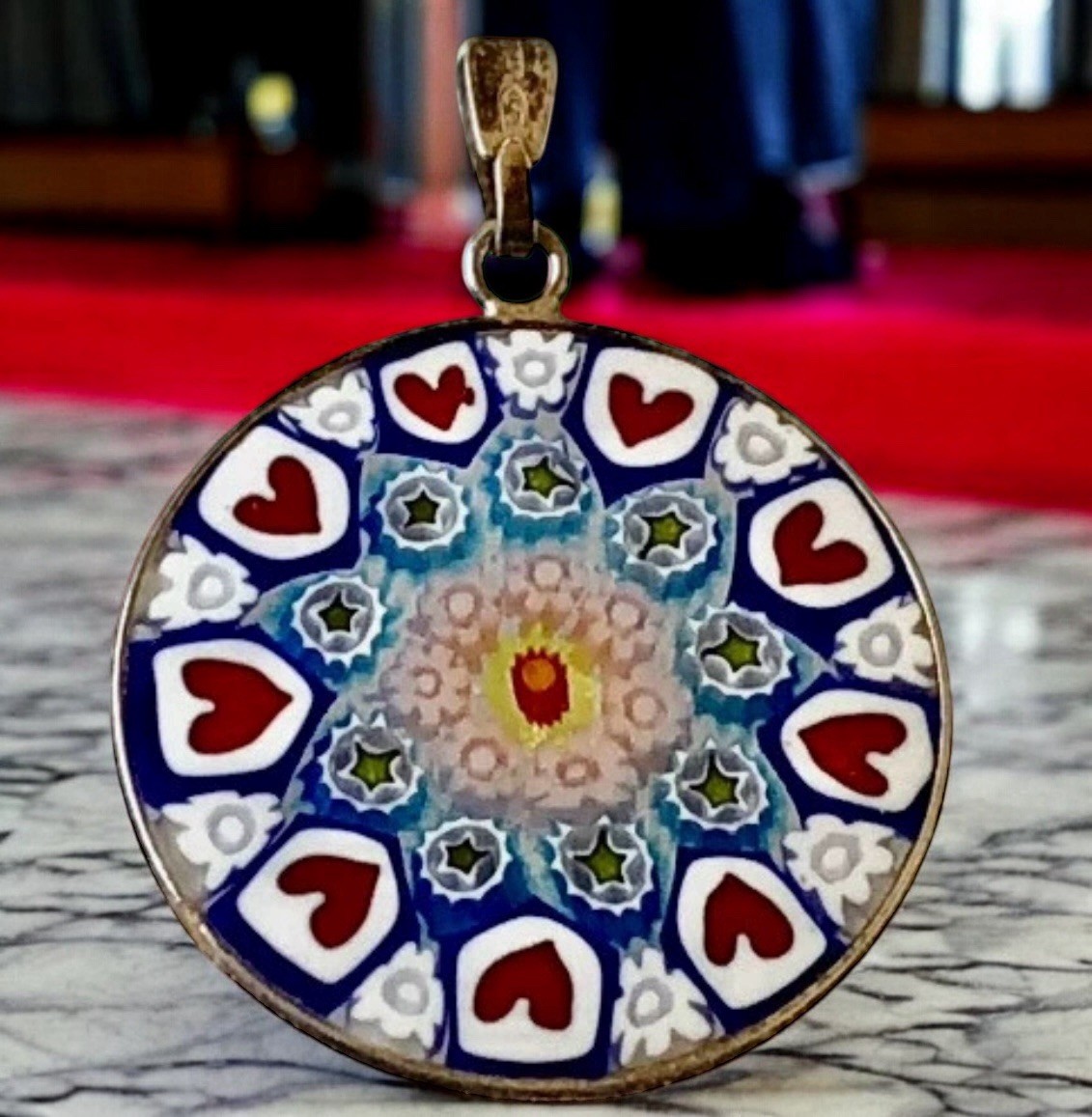Italian Glass Handcrafted Pendant Mosaic Sterling Silver Flowers Heart