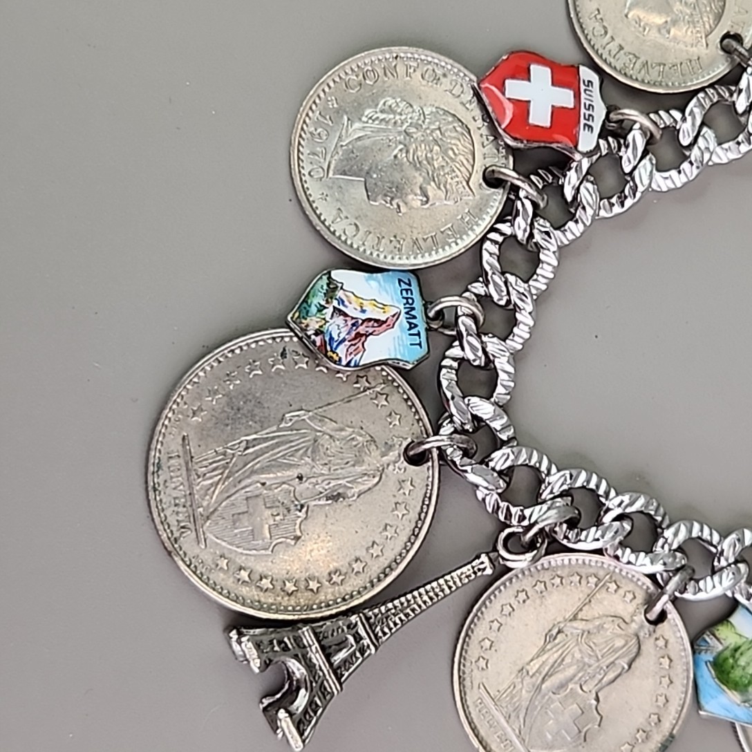 Vintage Coin Charm Bracelet Sterling Silver Plated Souvenir England France Franc