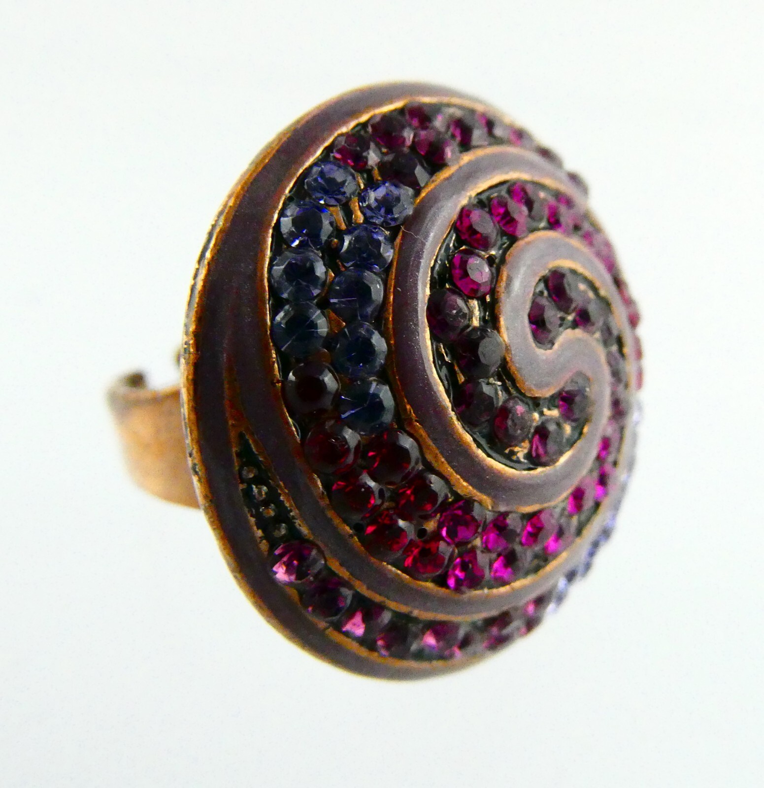 Copper Tone Metal Rhinestone Studded Spiral Adjustable Ring Size 7.5 11.2 Grams
