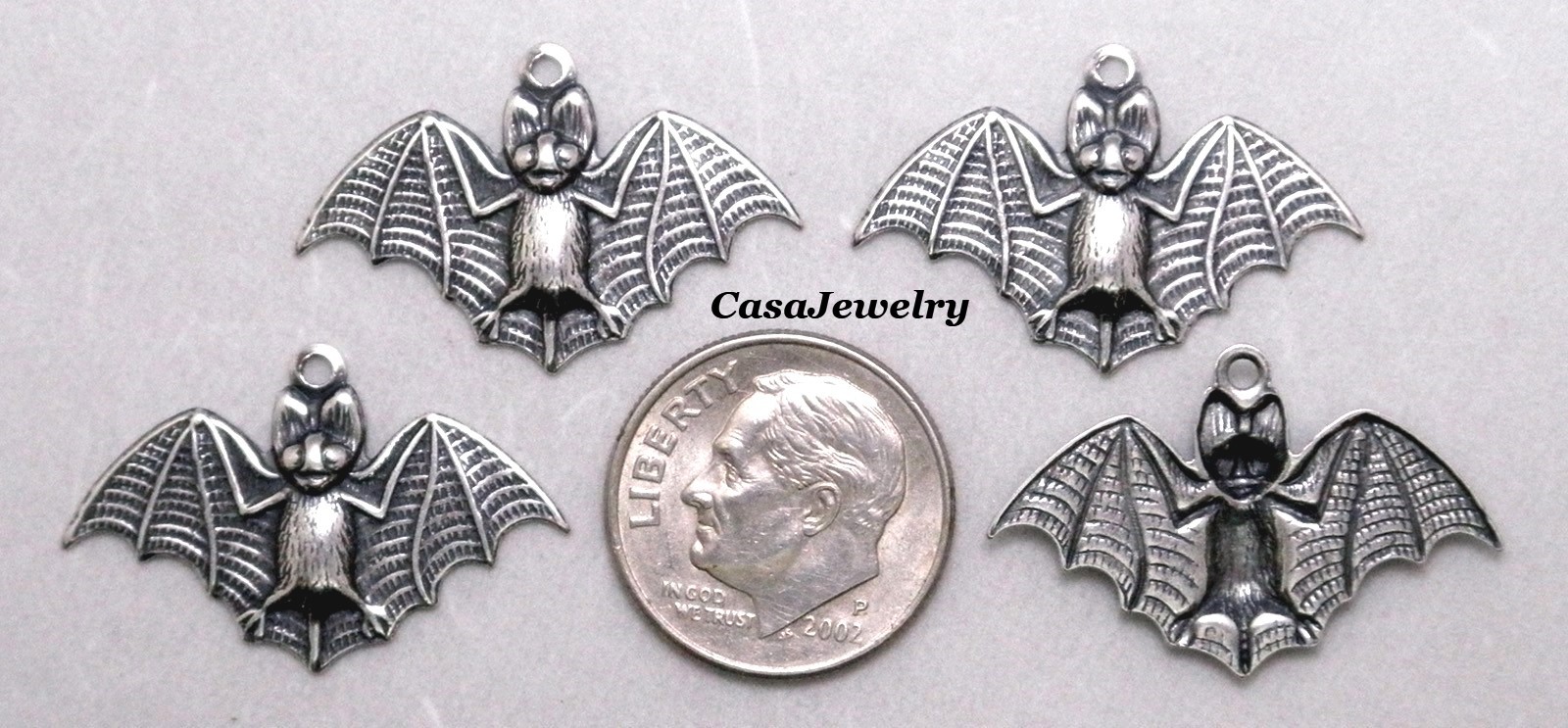 #0411 ANTIQUED .925 STERLING SILVER PLATED BAT W/TOP HANG RING – 4 Pcs