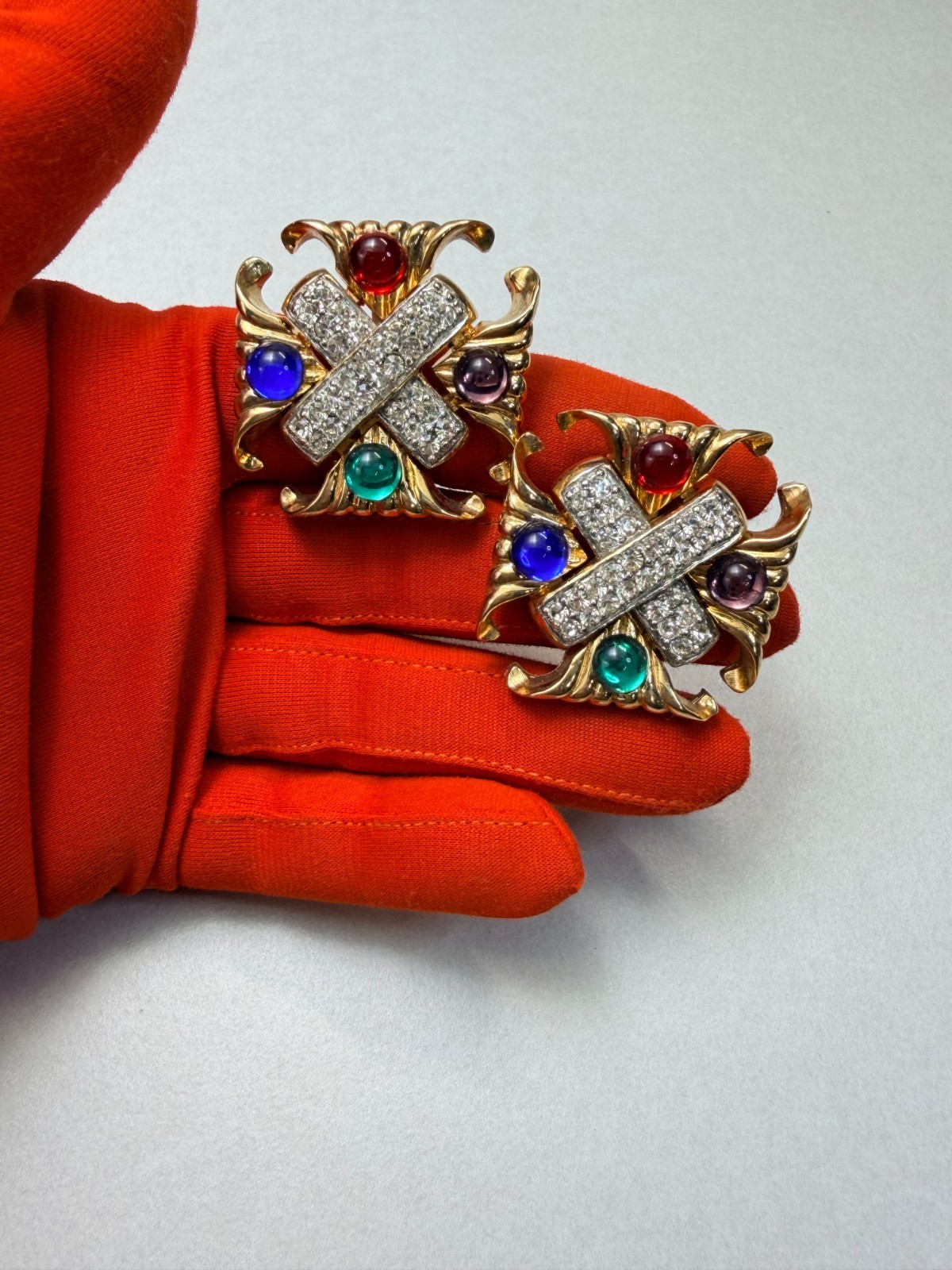 Vintage 80s Multicolor Gripoix Rhinestone X Clip On Earrings Statement