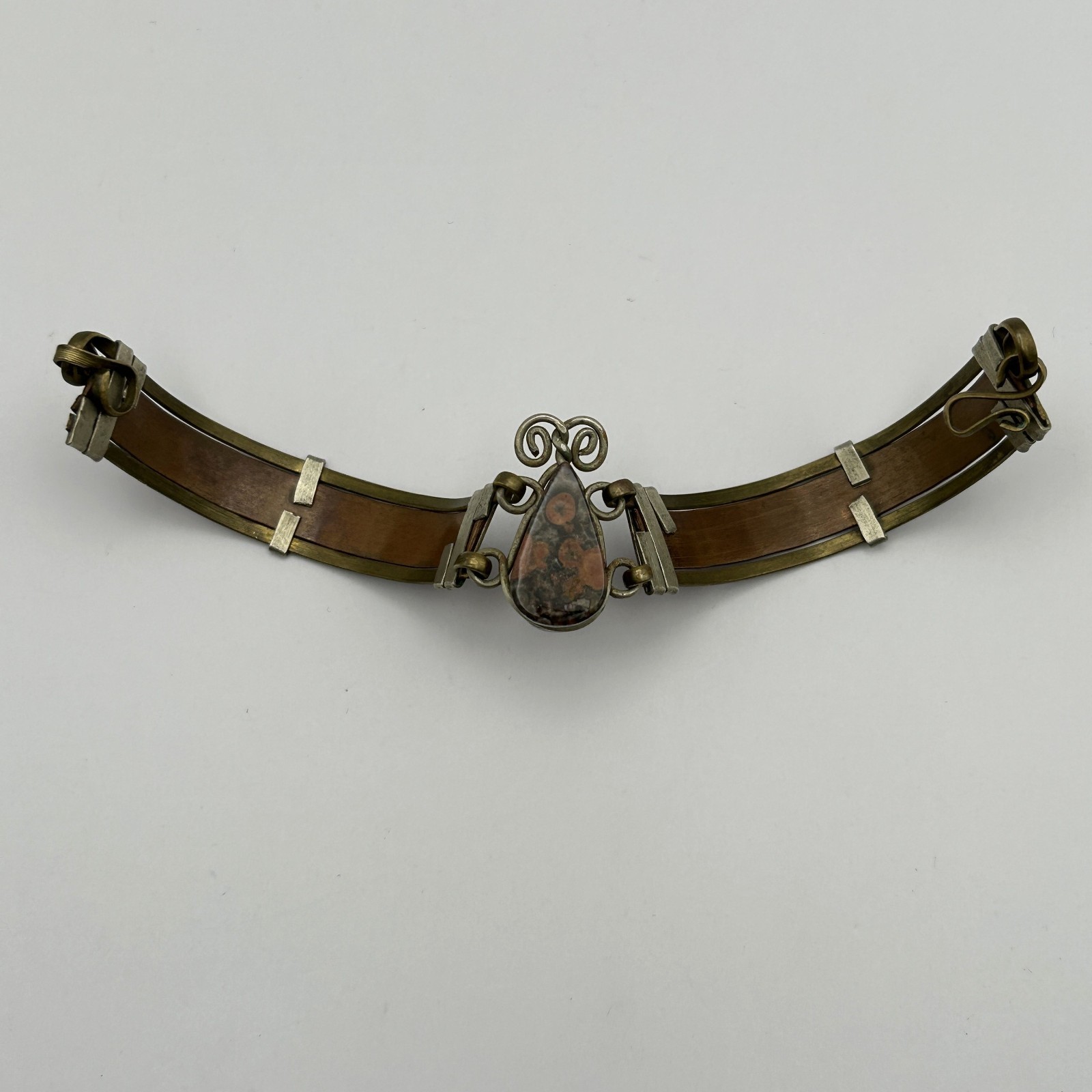 Leather Jasper Stone Bracelet Egyptian Revival Vintage Brass 6.75 in