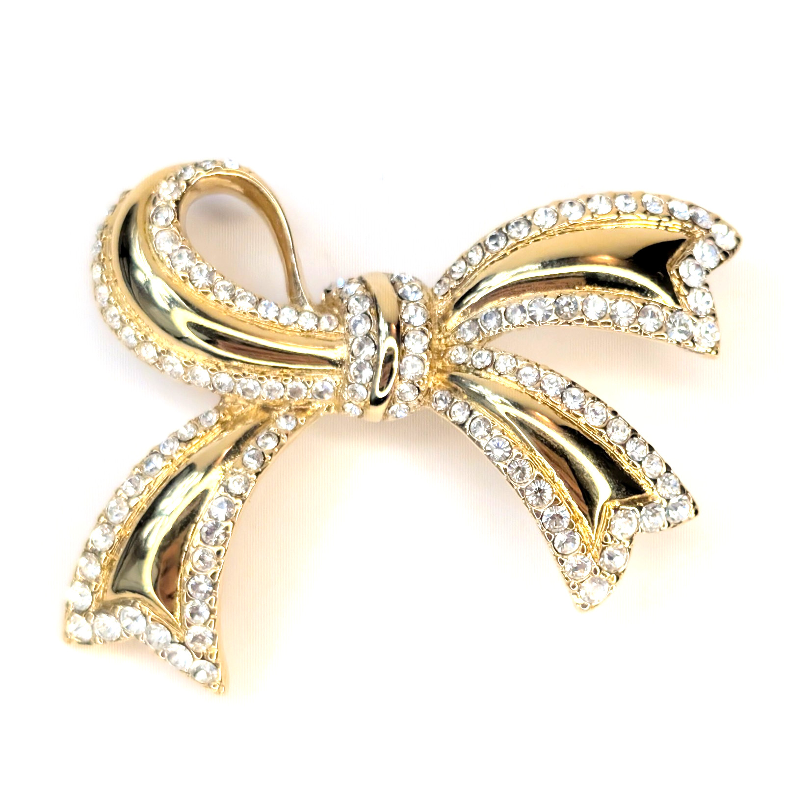 Vintage Monet Bow Brooch Gold-tone Plated Pave Clear Crystals 1980s–1990s