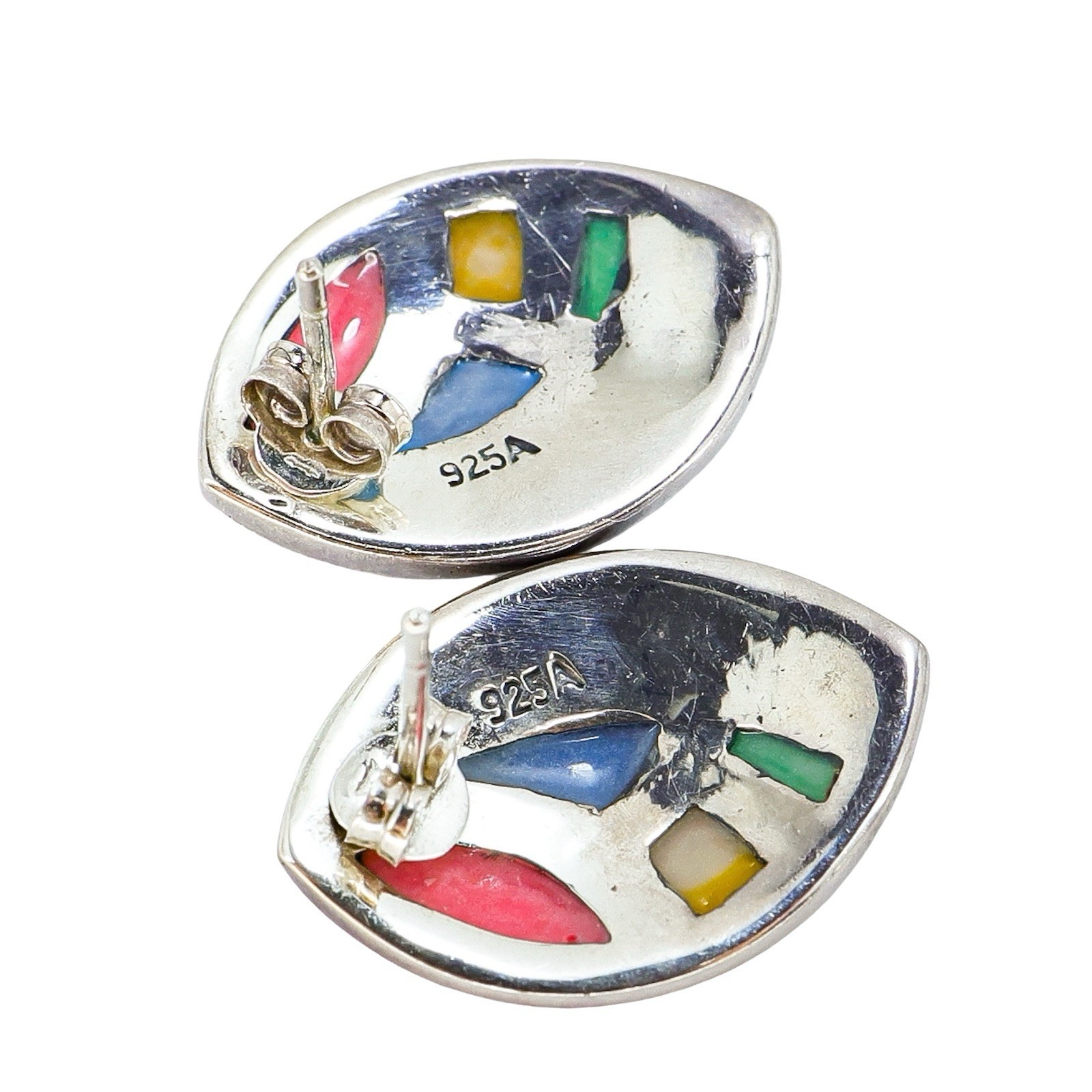 Lot Of 3 Sterling Silver Modernist Stud Earrings W Inlay Multistone Shell Resin