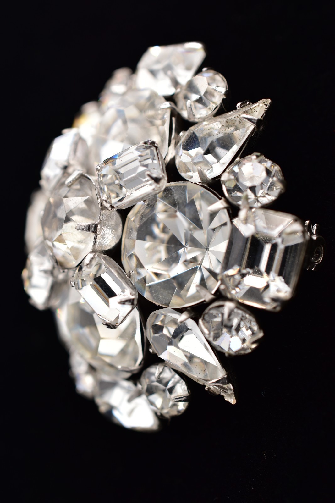 Vintage Clear Rhinestone Cluster Brooch Pin Silver Prong Baguette Crystal BinBP