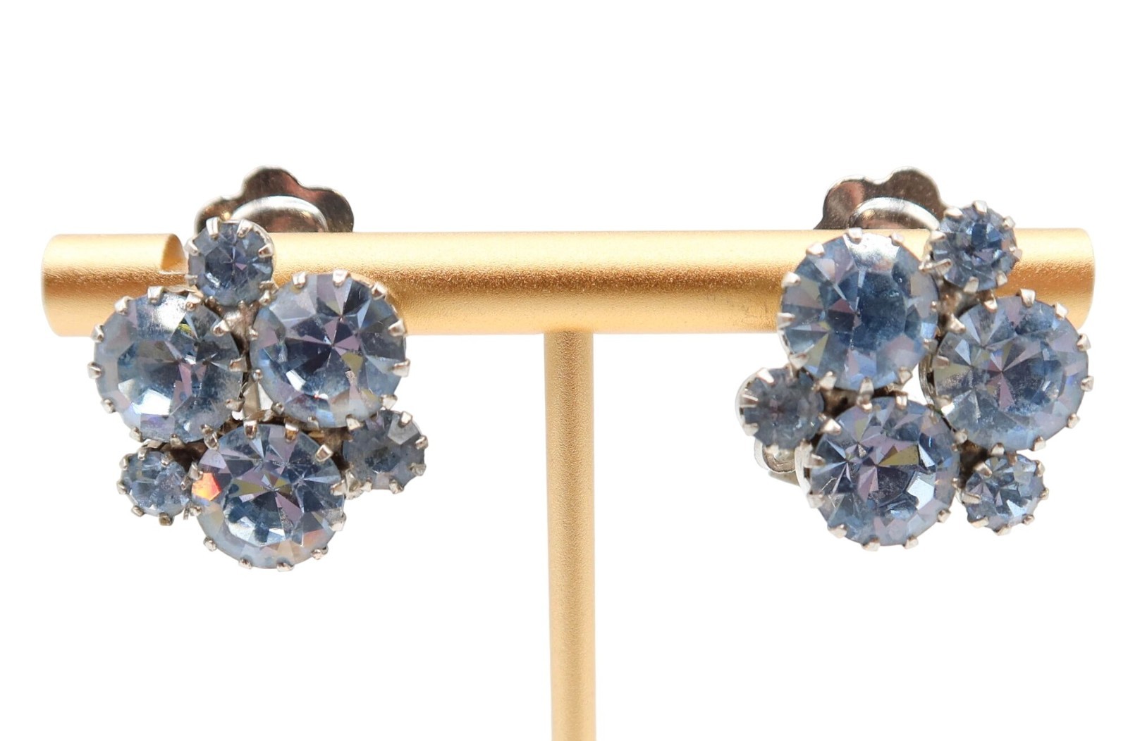 Vintage Blue Rhinestone Cluster Prong Set Clip On Stud Earrings Unsigned Preppy