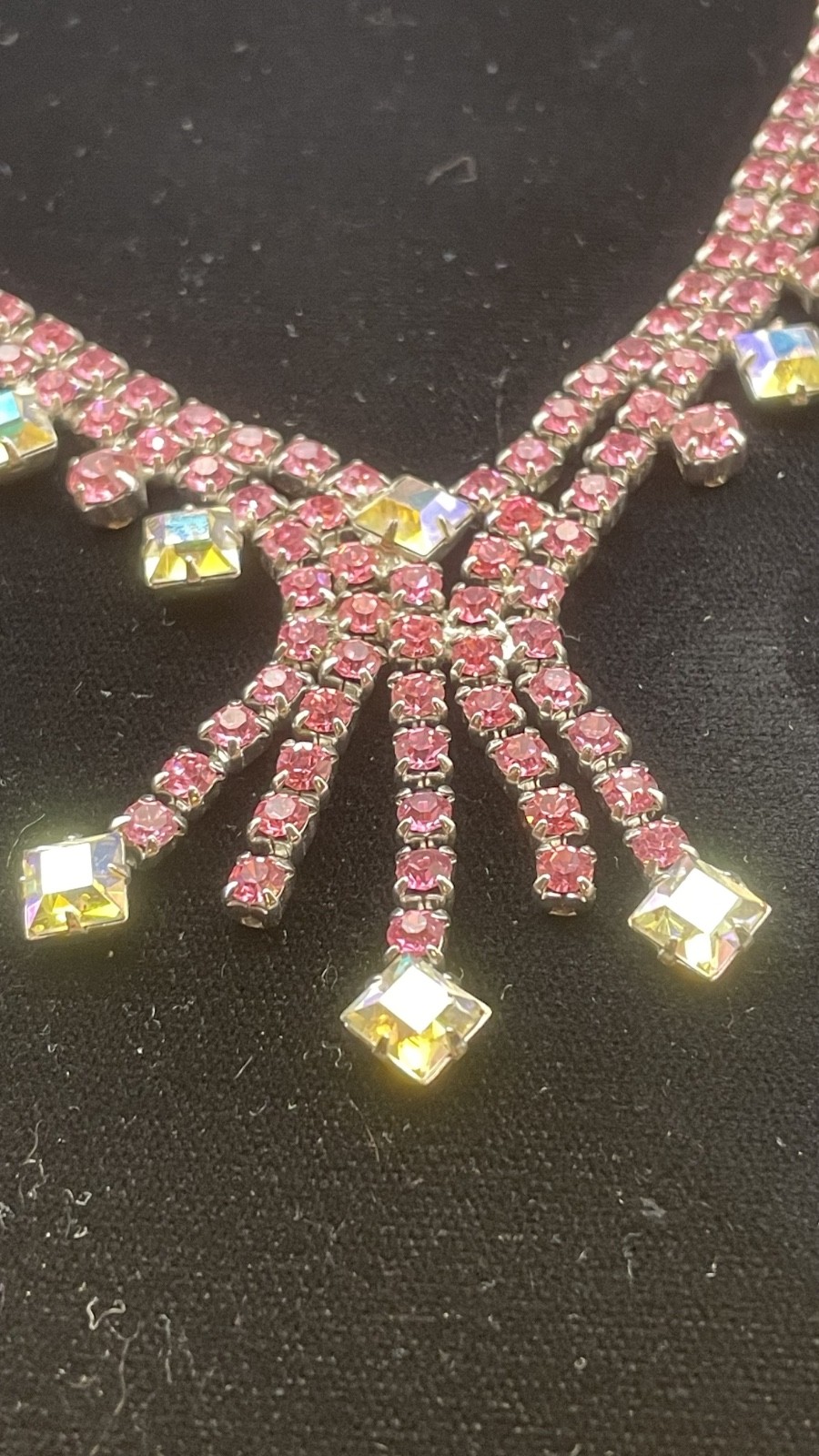 Vintage Art Deco Hook Clasp Pink & Clear Rhinestone Necklace