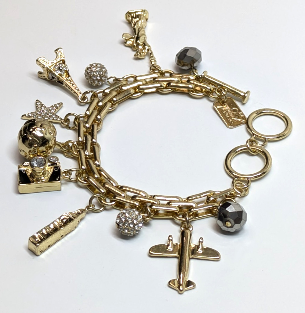 VTG Off Park Collection Gold Tone Travel Charm Bracelet Eiffel Tower Camera 8-9″