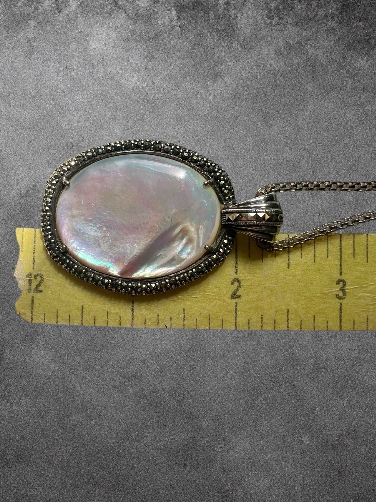 925 Sterling SilverVintage Real Mother Of Pearl & Marcasite Oxidized Pendant