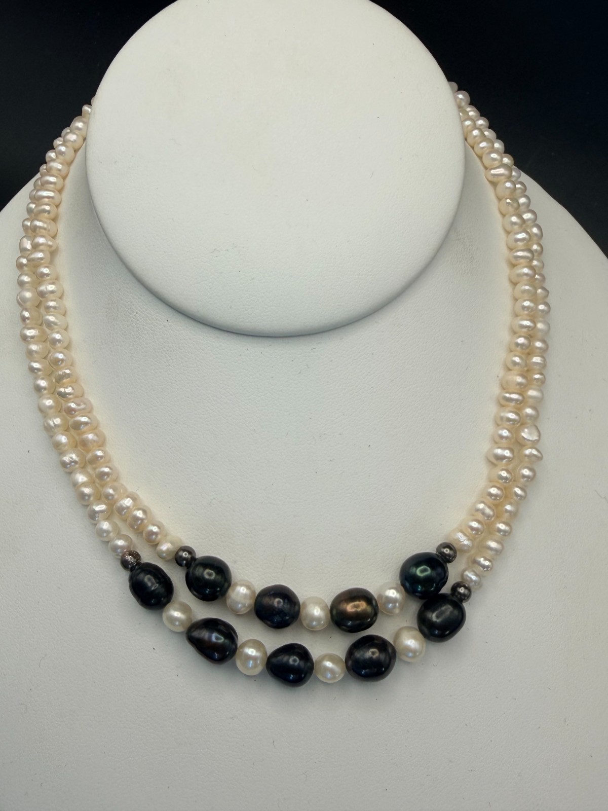 Vintage 925 FAS Real Pearl Necklace • Double‑Strand White & Dark Pearls