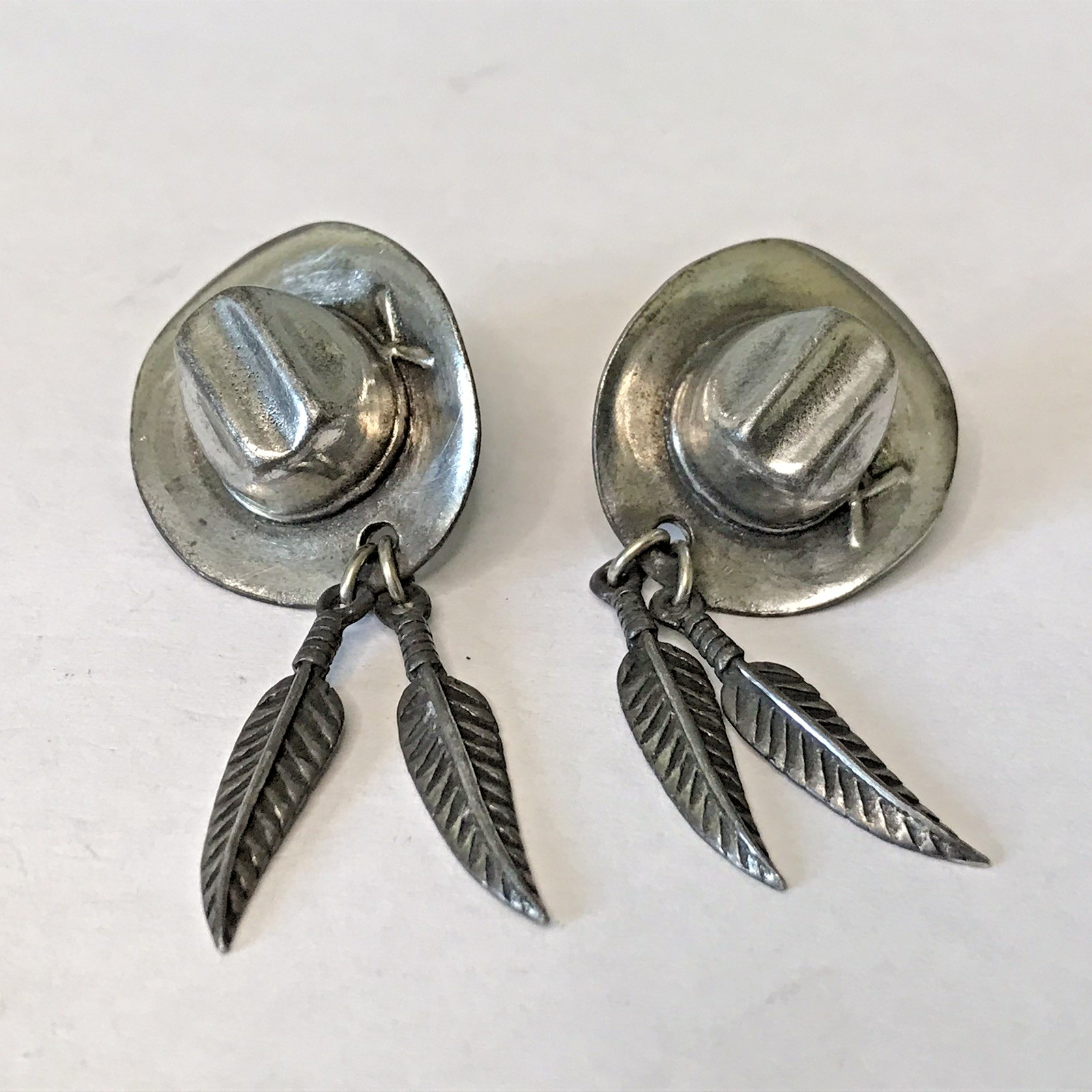Vintage South Western 1992 Cowboy Hat with Feather Pewter Stud Earrings