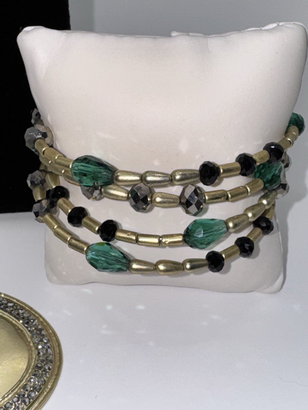 Vintage Emerald Green Glass Bead Wire Wrap Bracelet Earrings Pendant Set