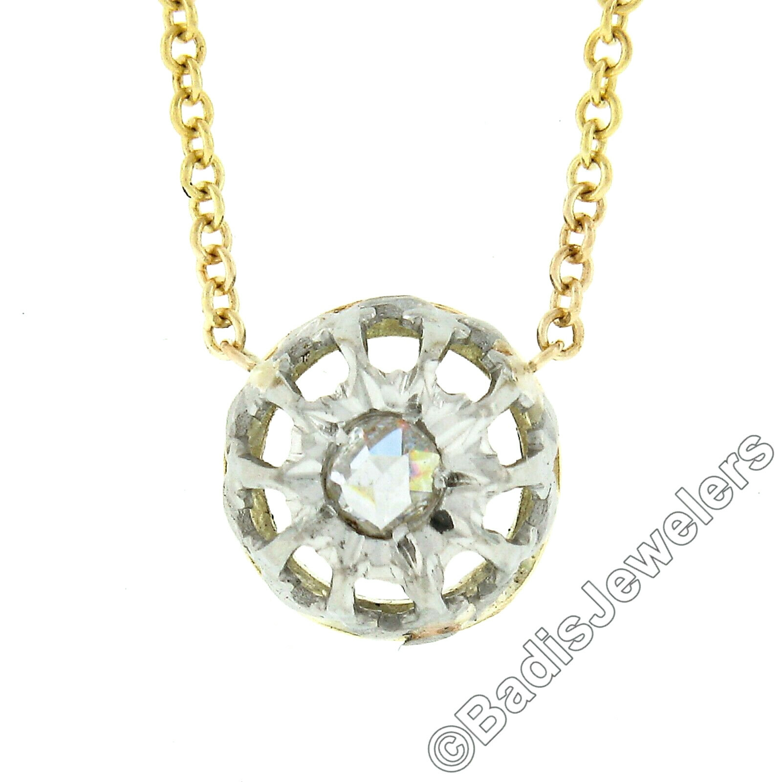 Antique 18k Gold & Platinum 0.06ctw Rose Cut Diamond Solitaire Pendant w/ Chain