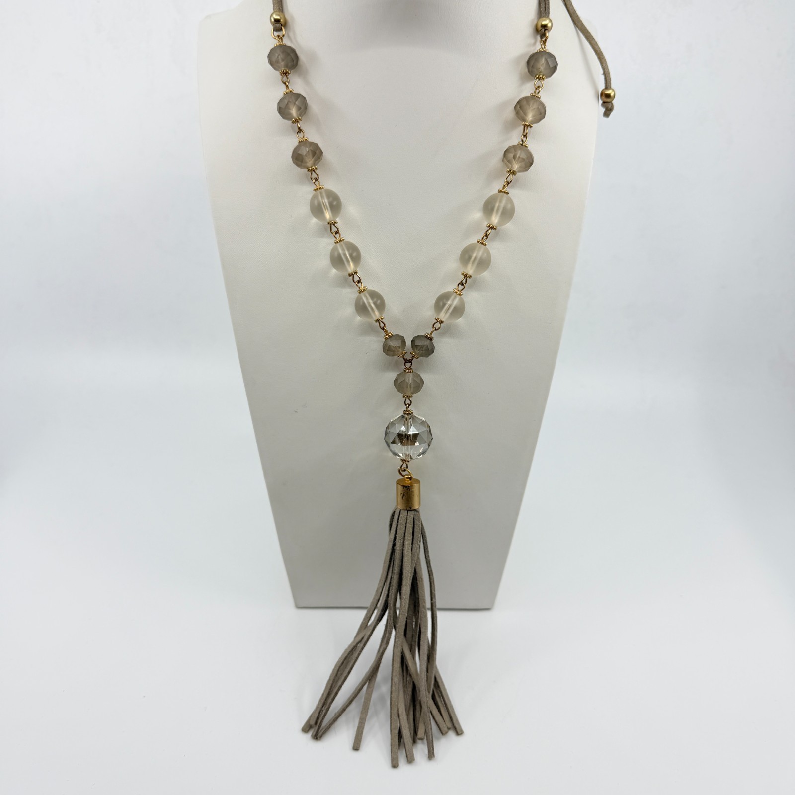 Vintage Boho Suede Tassel Pendant Necklace Gray Glass Beaded Long Statement