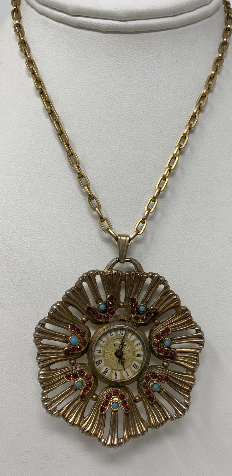 Fabulous Vintage Endura Rhinestone Faux Turquoise Ruby Pendant Watch Necklace