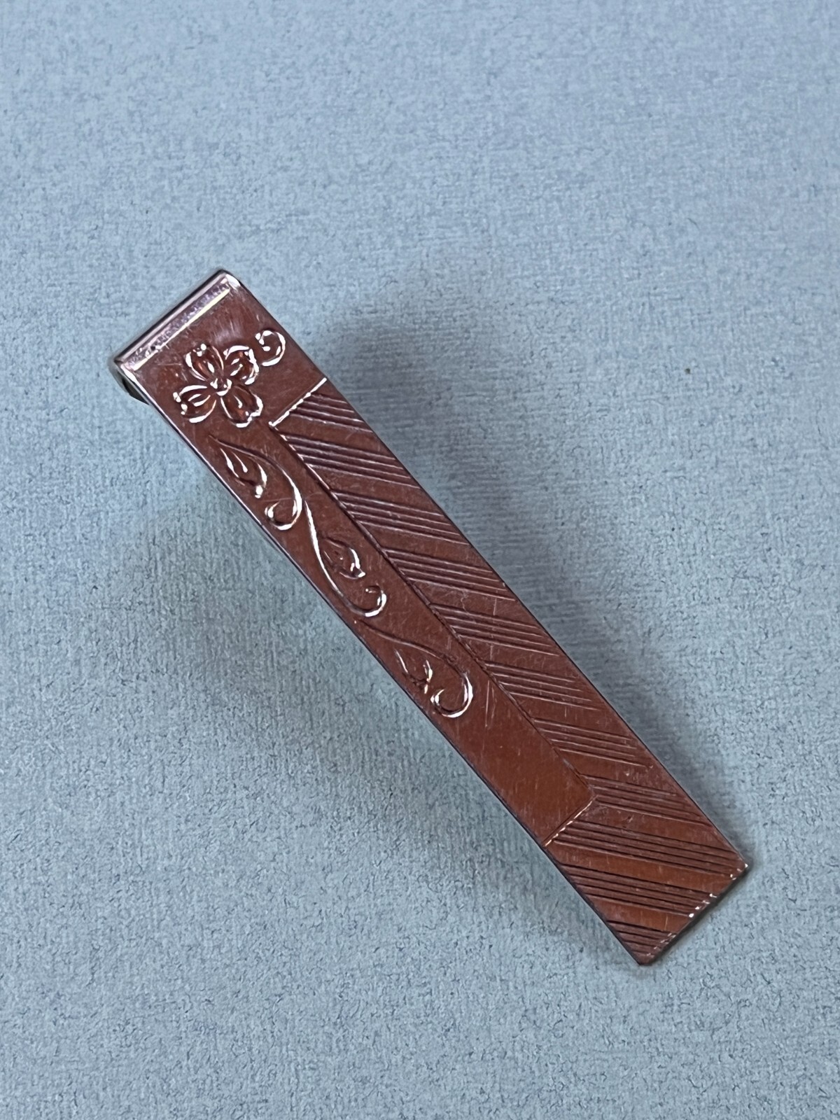 Vintage Etched Floral Silvertone Rectangle Tie Clip – 3/8th’s x 2 inches – GOOD