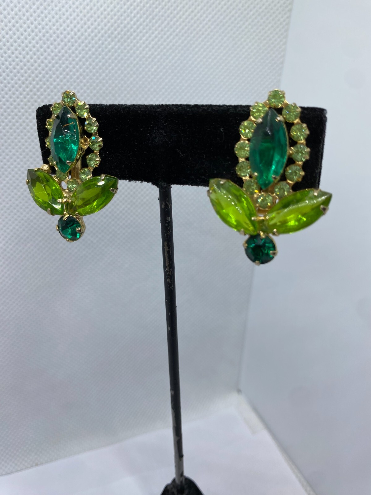 Vintage Green Rhinestone Clip-On Earrings Unsigned Different Shades & Shapes
