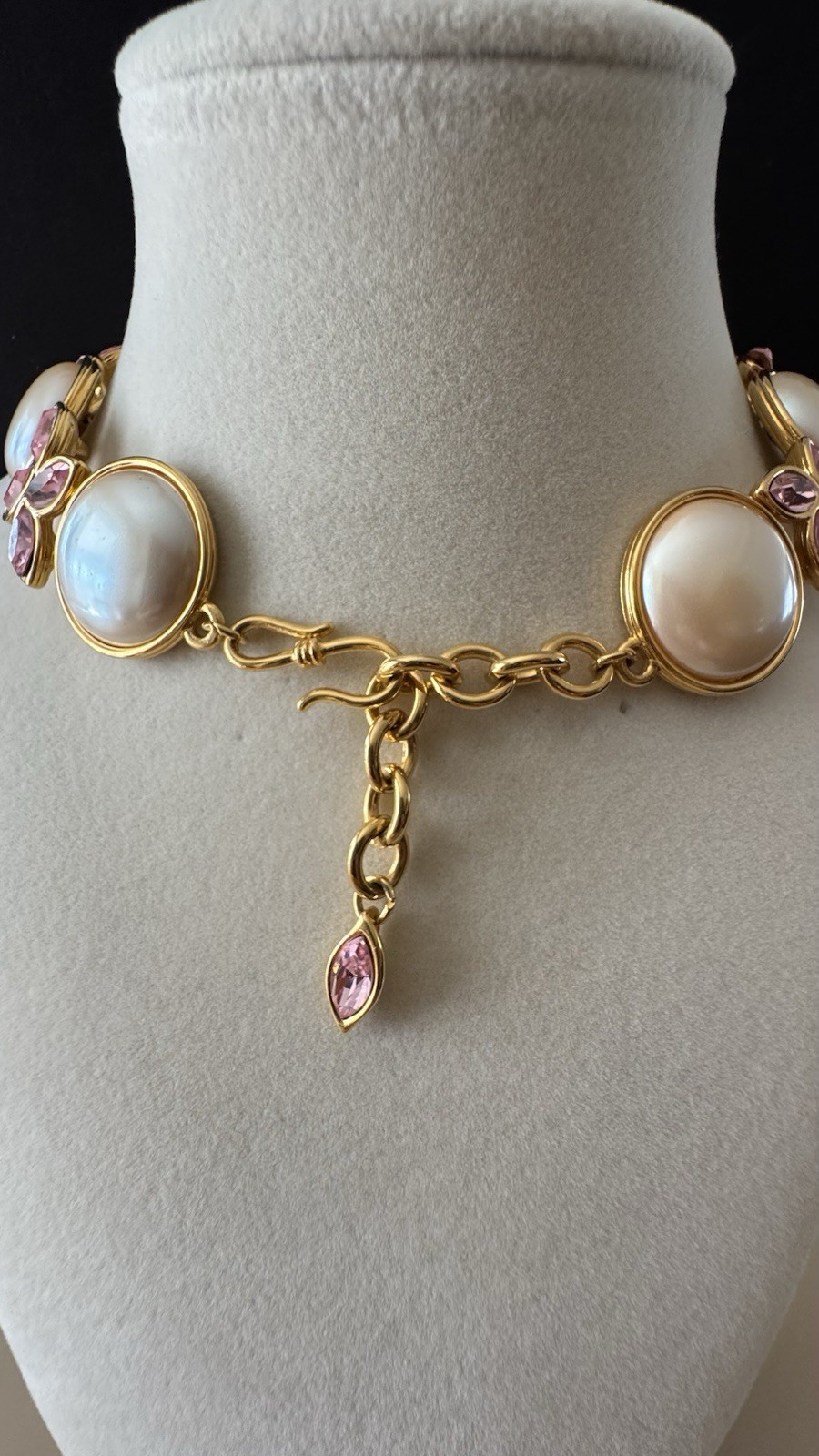 Vintage Monet Runway Necklace Faux Pearls Pink Crystal Gold Tone Statement