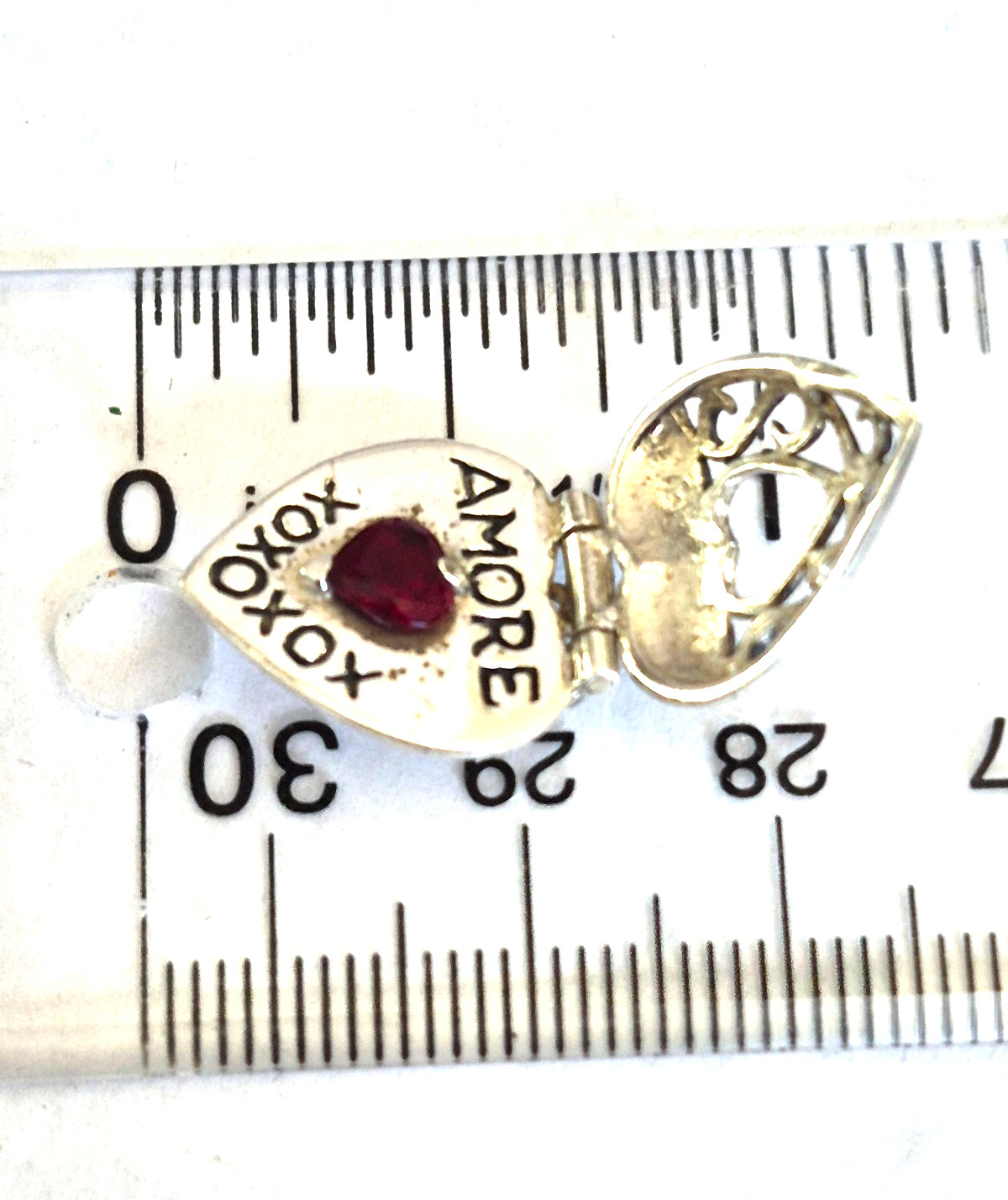 Vintage Sterling Silver Marked SU Ruby Scroll Work Double Heart Love Pendant