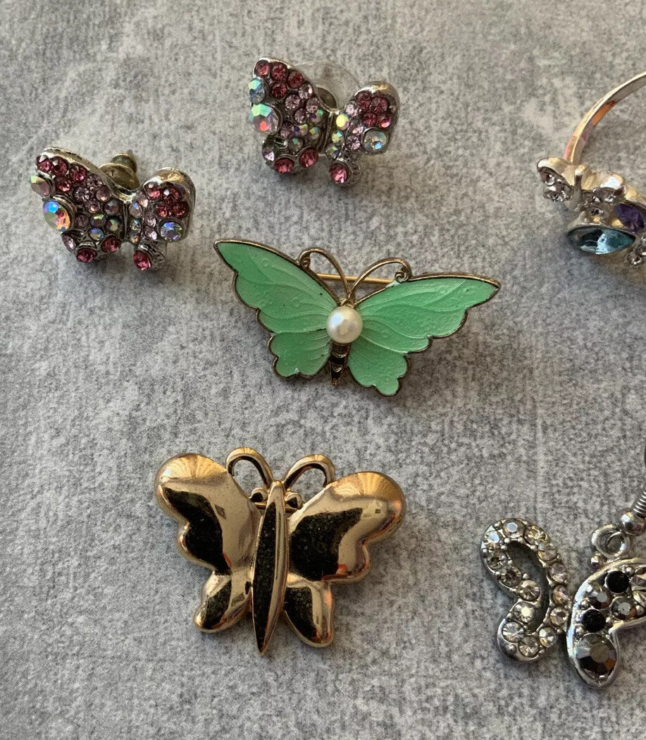 BEAUTIFUL BUTTERFLY THEMED LOT EARRINGS BROOCHES PINS RING RHINESTONES ENAMEL
