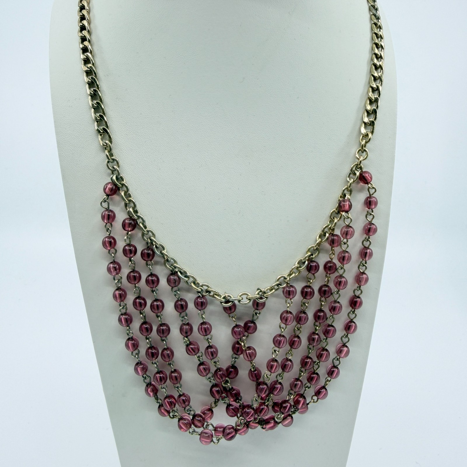 Necklace Vintage Gold Tone Pink Purple Bead Multi Strand Draped Statement Boho