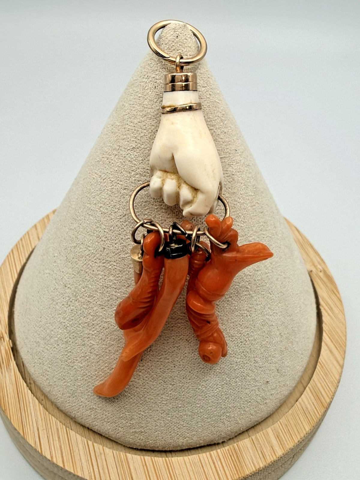 Antique Ca 1830-70s Angle Skin /Orange Coral Hand Figa & Charm Pendant Gold