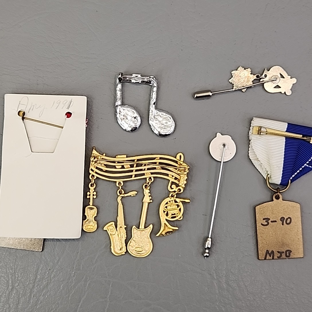 Vintage Music Lot of 6 Brooch, Medals, Stick Pins Notes Instruments