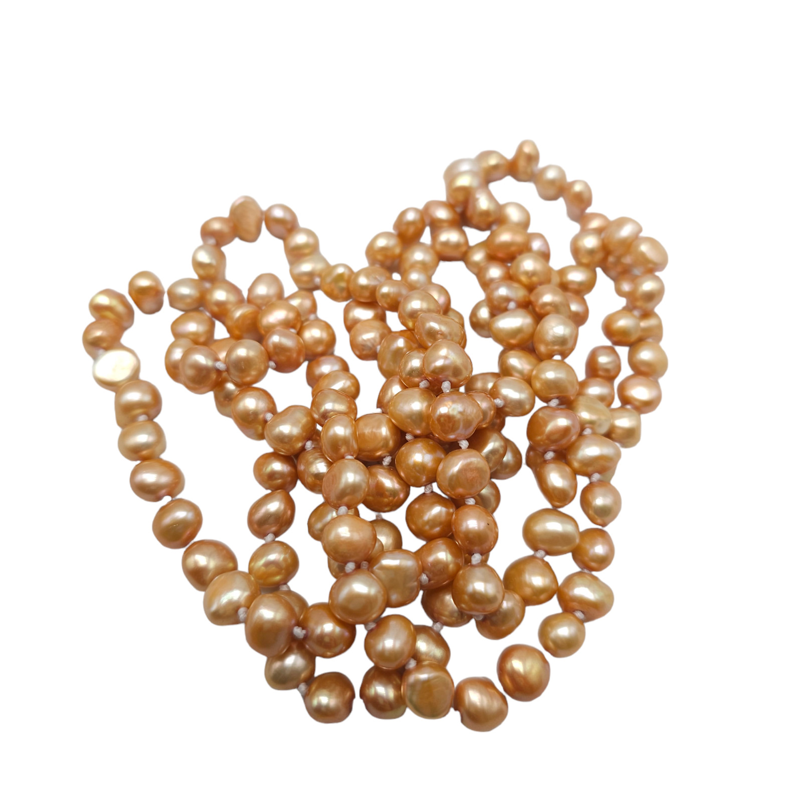 Champagne High Luster Pearl Long Hand-Knotted Necklace Vintage No Clasp