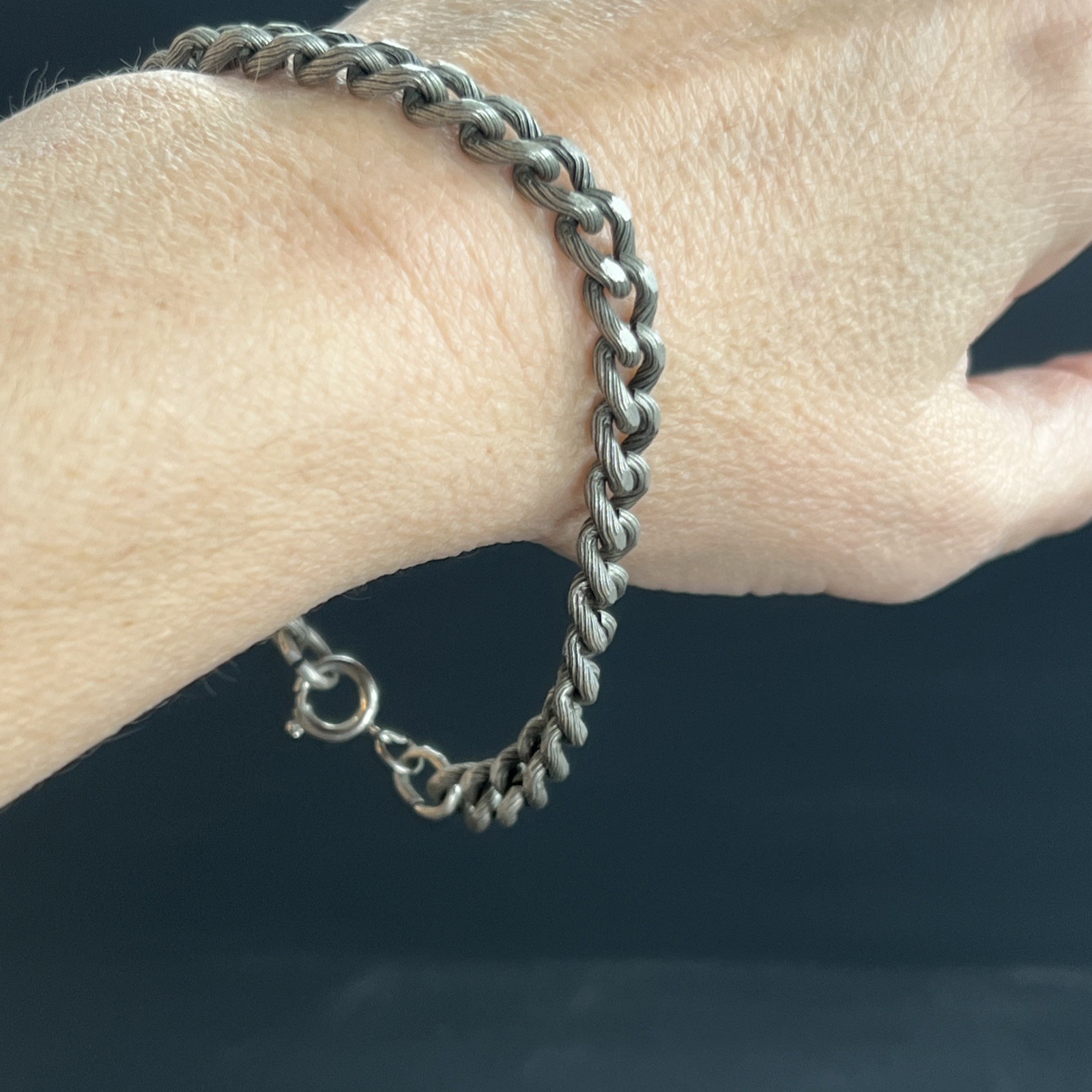 Vintage Silver or Pewter Tone Large Link Bracelet 8.75” Gun Metal Brushed Etched