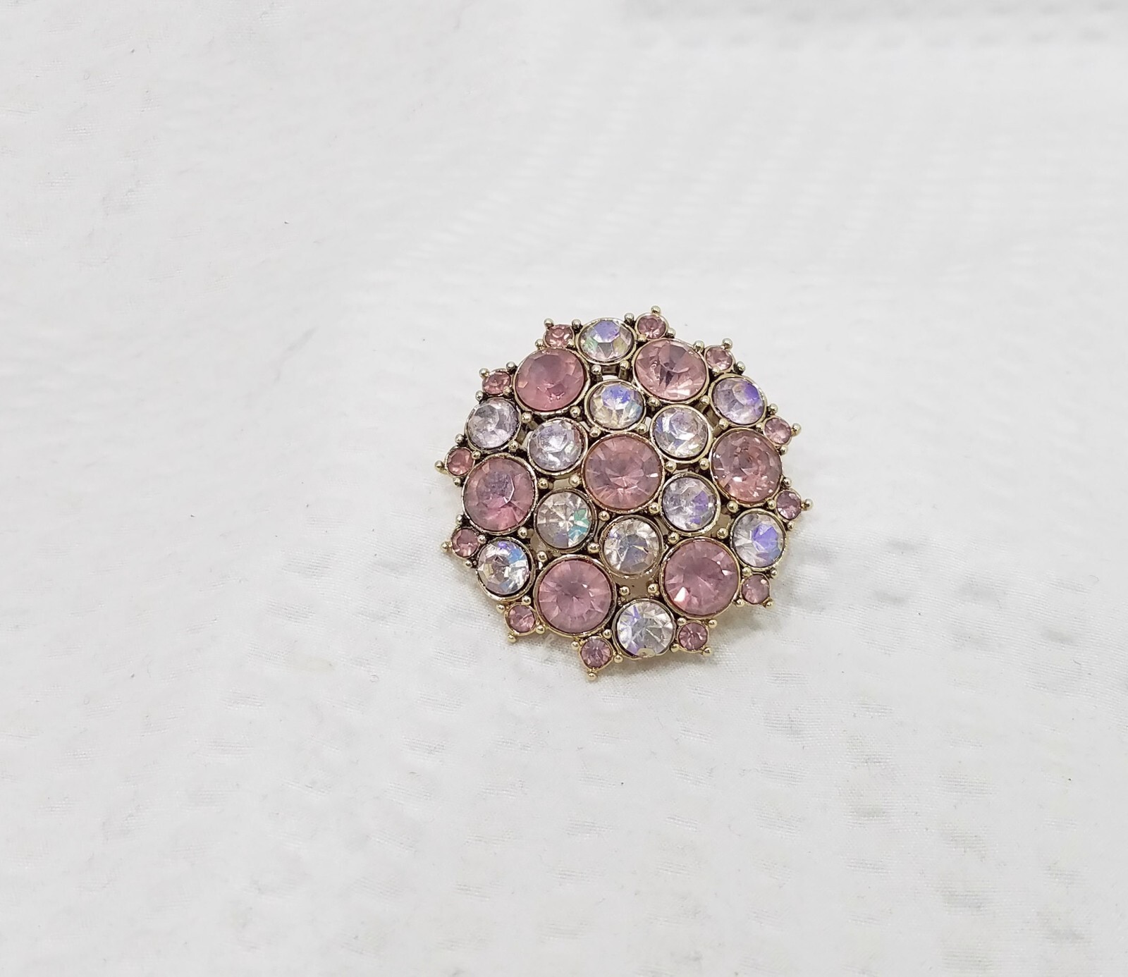 Vintage Domed Muted Pink and Clear Crystal Gold Tone Cluster Brooch Pin
