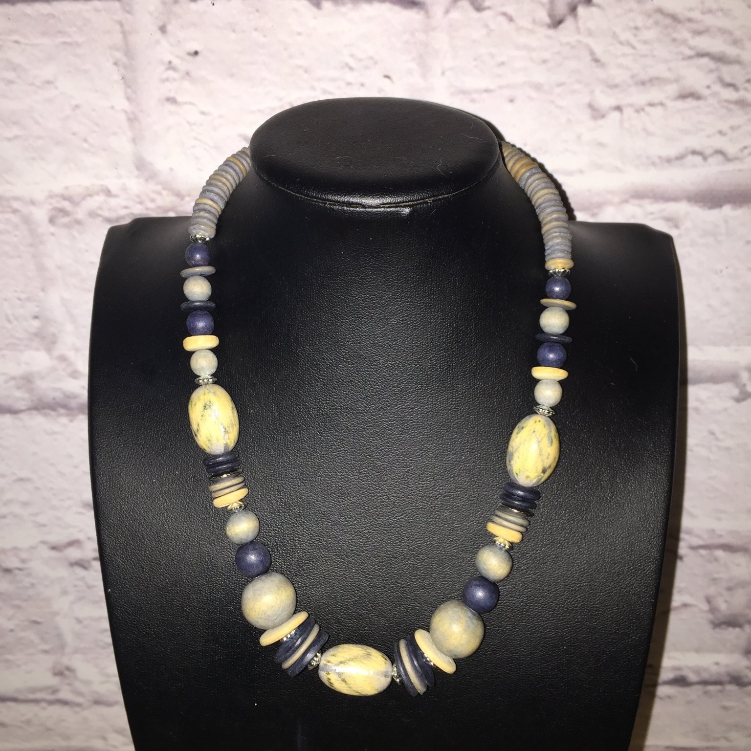 Vintage Beaded Statement Necklace Wood Acrylic Choker Blue Yellow Boho Chic