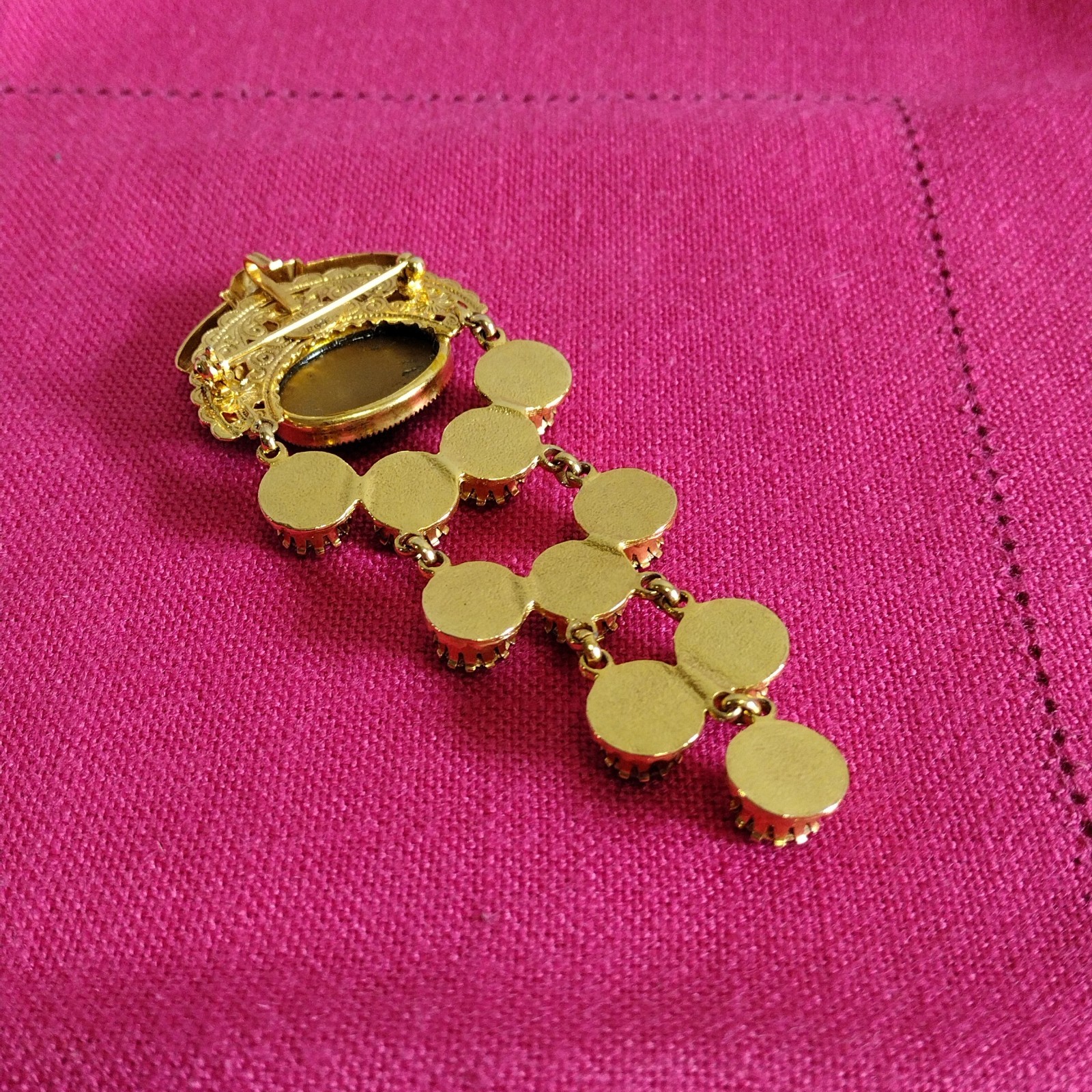 Robert Rose Gold Tone Amber Rhinestone Crown Chandelier Dangle Statement Brooch