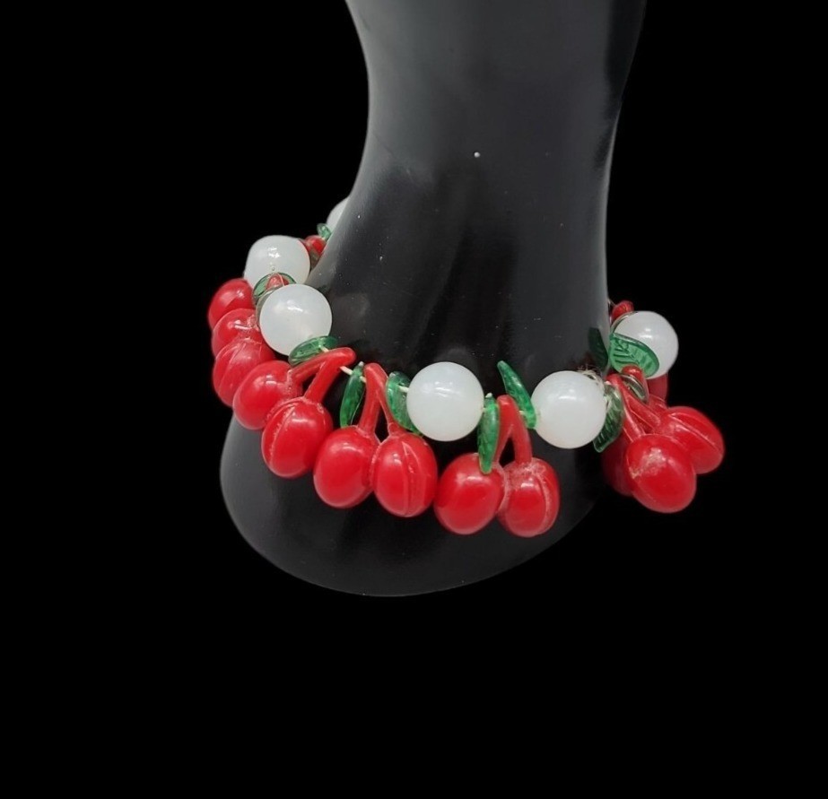 Lucite Cherry 34″ Necklace & 7″ Stretch Bracelet Red Cherries Translucent Beads