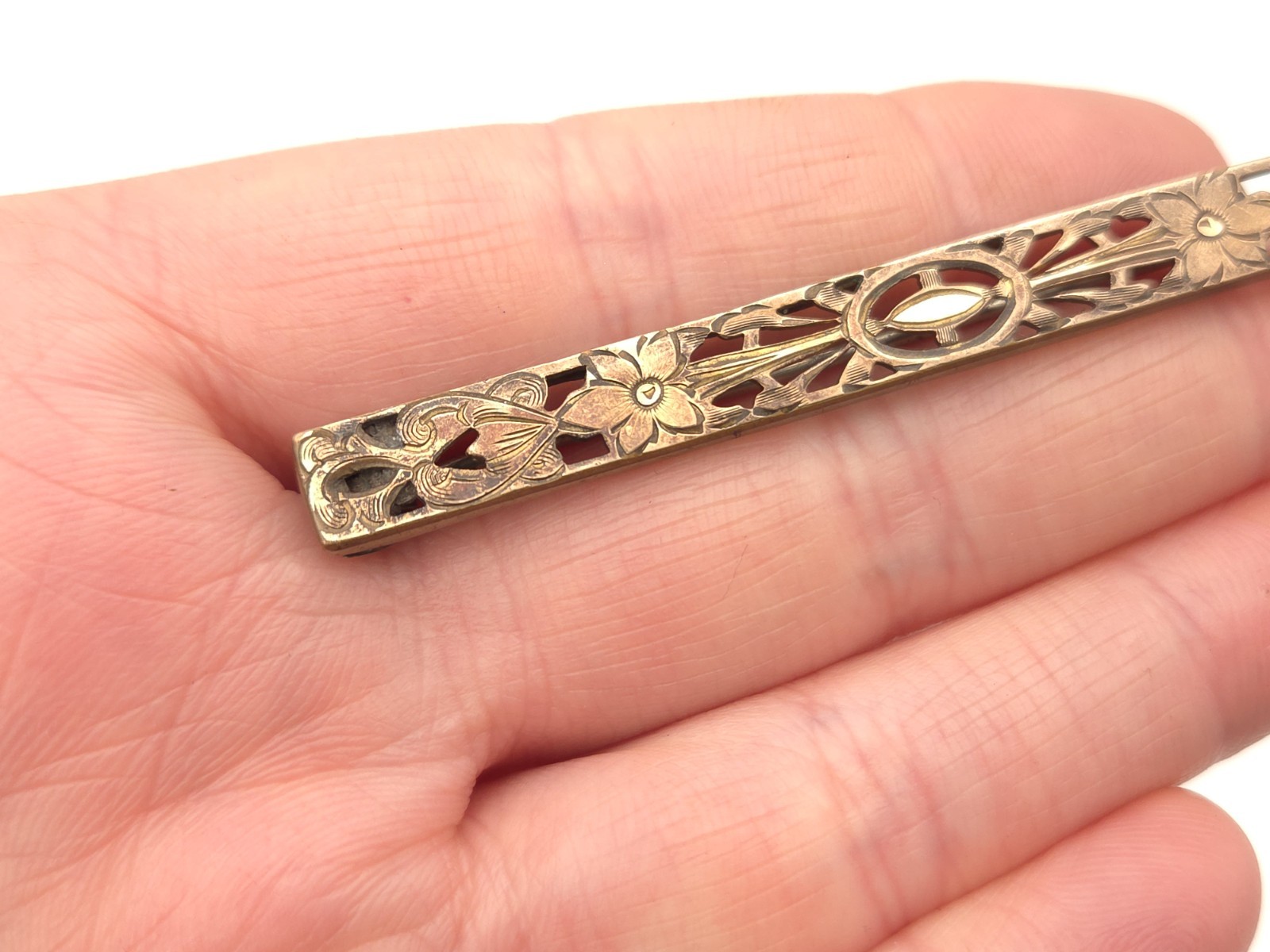 Antique Victorian Gold Filled Signed AP Floral Filigree Large Bar Pin Brooch