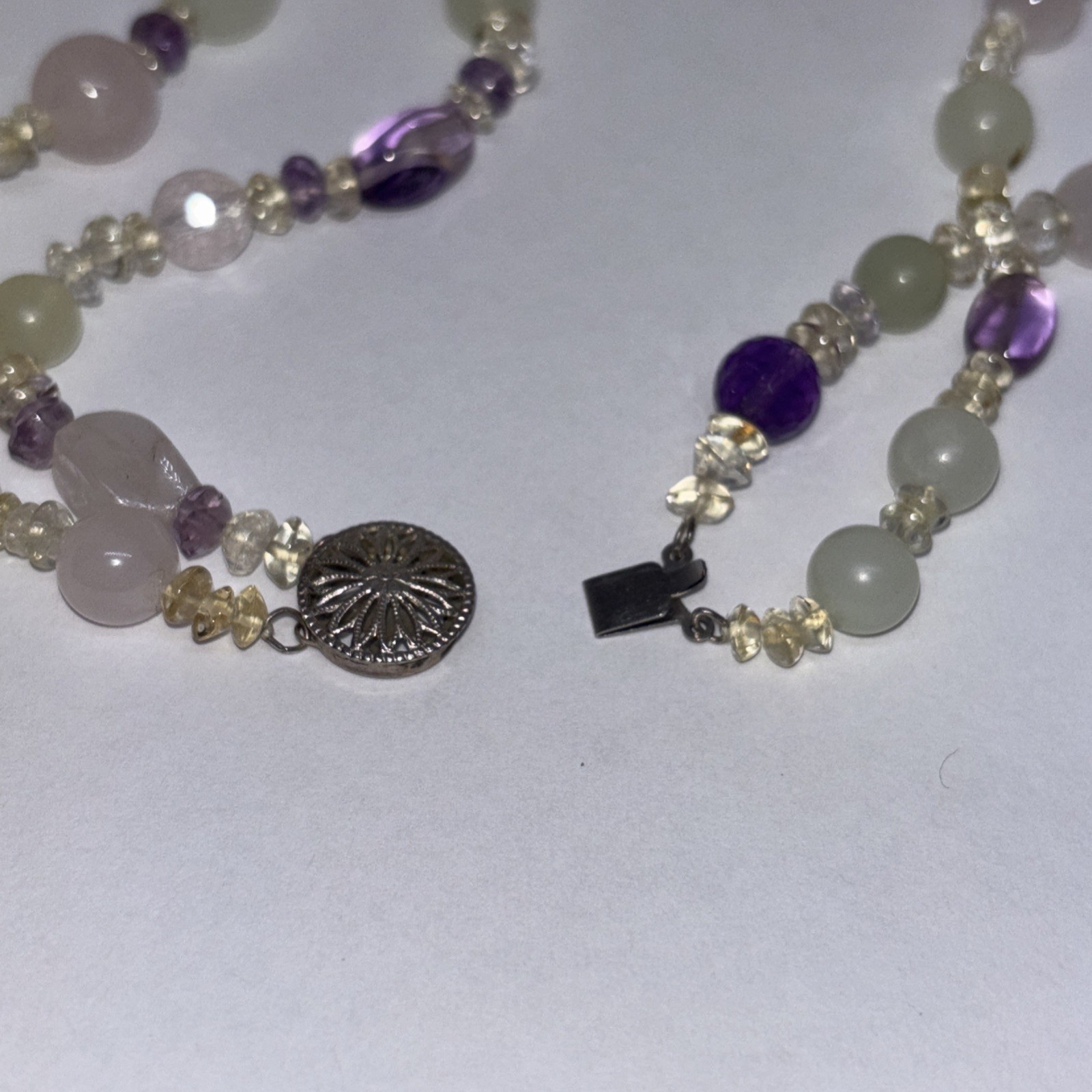 Multi-Gemstone 2-Strand Necklace Carved Jade Amethyst Sterling Silver STG 85g